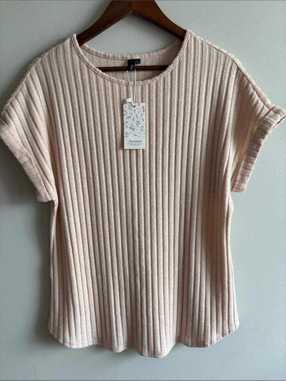Automet Ribbed Short Sleeve Sweater Top NWT Large Beige